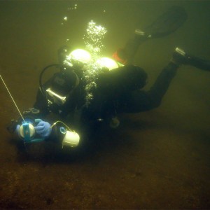J gets his reel set. Freshwater dive at Dublin Lake, Dublin, NH, Sept 19, 2