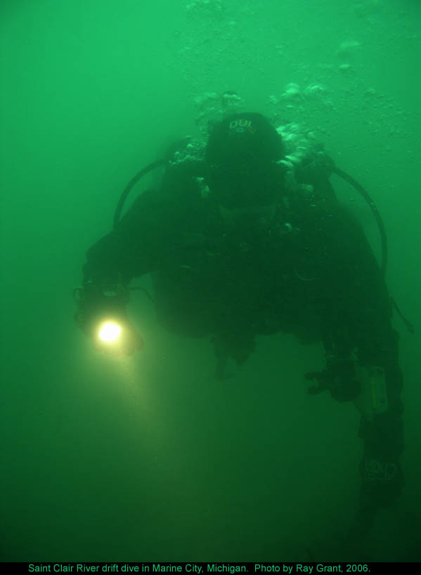 Diver on Saint Clair River drift dive in Marine City, Michigan