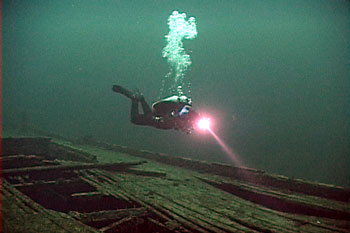 Diver over the deck of the Kinghorn