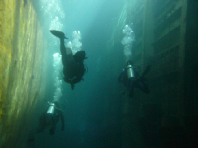 In the cargo hold of a ferry wreck