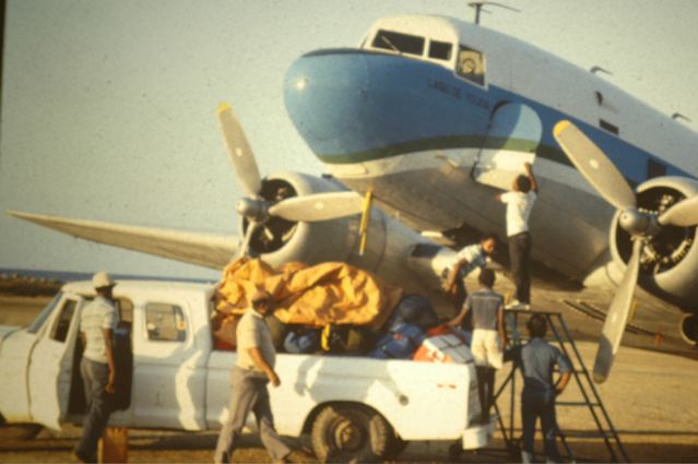 SAHSA DC3 on Roatan's dirt runway 1985